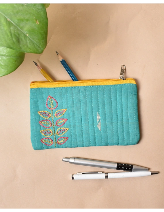 Blue Pencil pouch with hand embroidery Yellow Zip - PPH02H-1