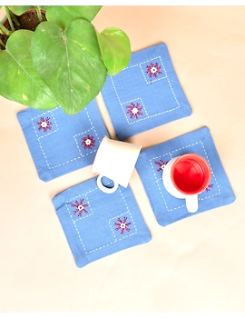 Blue cotton embroidered table coasters : HTC07A-Six-1-sm