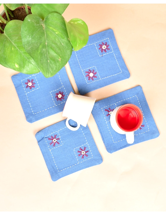 Blue cotton embroidered table coasters : HTC07A-Six-1