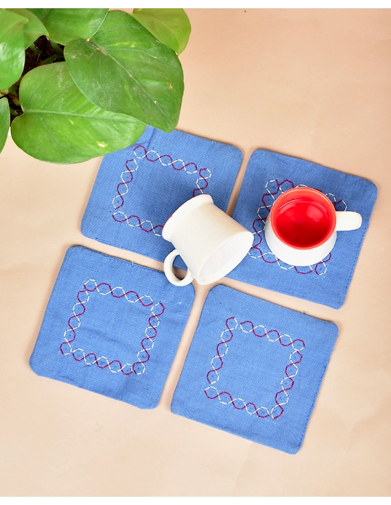 Blue cotton embroidered table coasters : HTC07B-HTC07B04