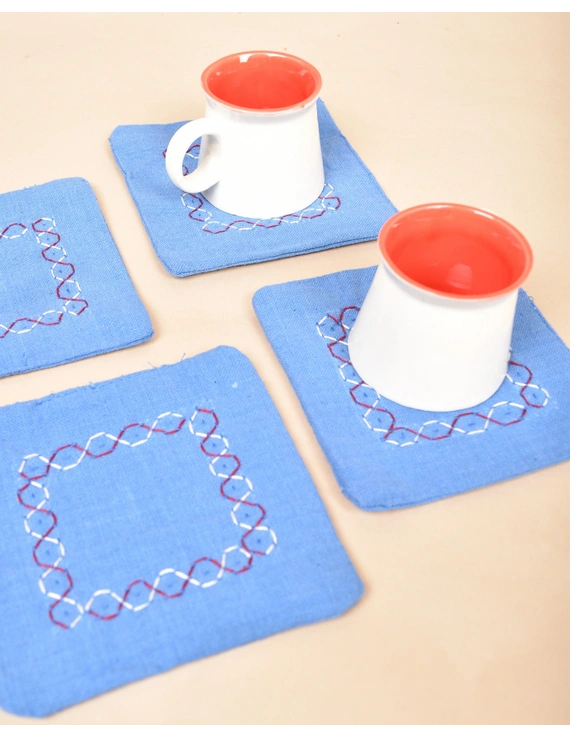 Blue cotton embroidered table coasters : HTC08B-Four-1