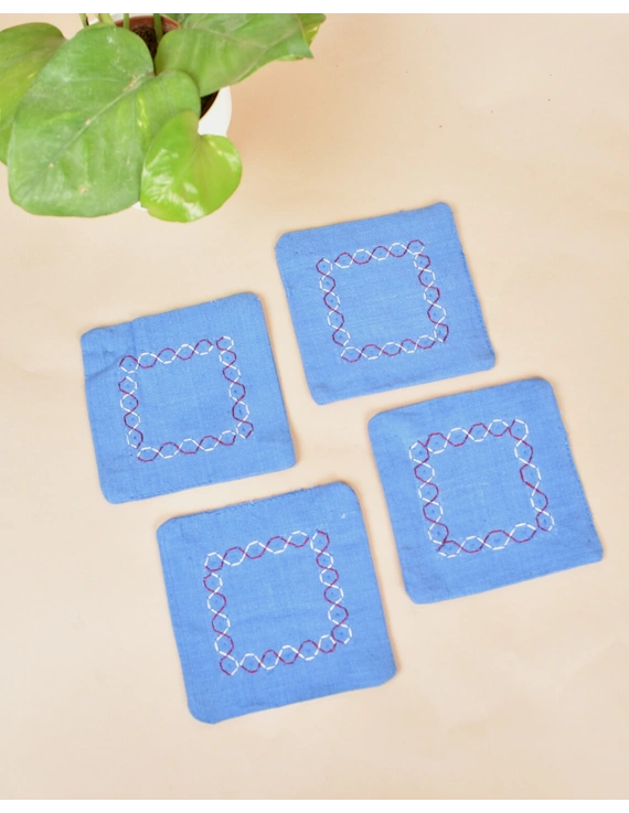 Blue cotton embroidered table coasters : HTC07B-Four-2