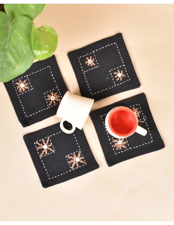 Black cotton embroidered table coasters : HTC10D-Four-1