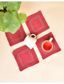 Maroon cotton embroidered table coasters : HTC11E-HTC11E04-sm