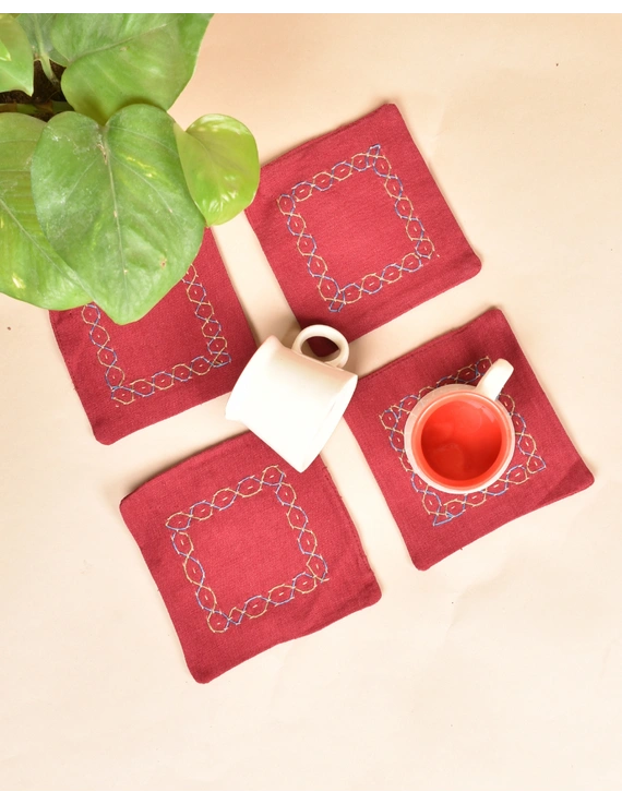 Maroon cotton embroidered table coasters : HTC07C-HTC07C04