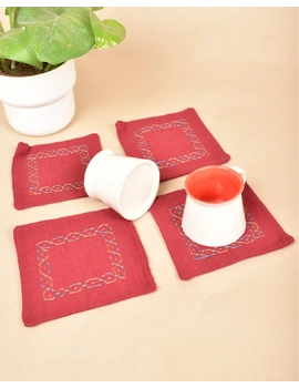 Maroon cotton embroidered table coasters : HTC07C-Four-1-sm