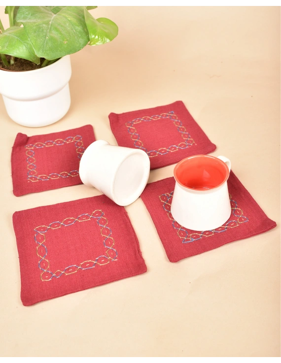 Maroon cotton embroidered table coasters : HTC07C-Four-1