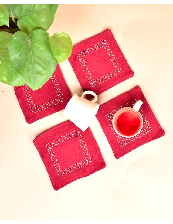 Maroon cotton embroidered table coasters : HTC07C-HTC07C06