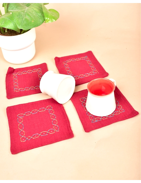 Maroon cotton embroidered table coasters : HTC07C-Six-1