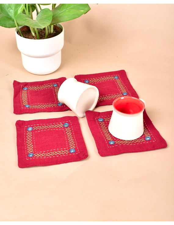 Maroon cotton embroidered table coasters : HTC07D-HTC07D04