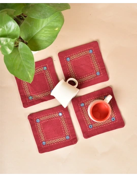 Maroon cotton embroidered table coasters : HTC12F-Four-1-sm