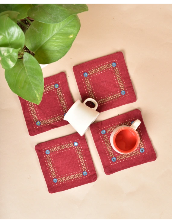 Maroon cotton embroidered table coasters : HTC12F-Four-1