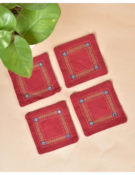 Maroon cotton embroidered table coasters : HTC07D-Four-2-sm