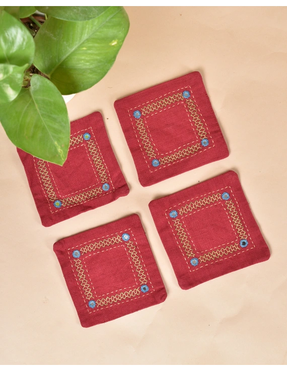 Maroon cotton embroidered table coasters : HTC12F-Four-2