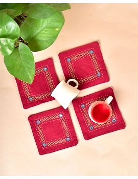 Maroon cotton embroidered table coasters : HTC07D-Six-1-sm