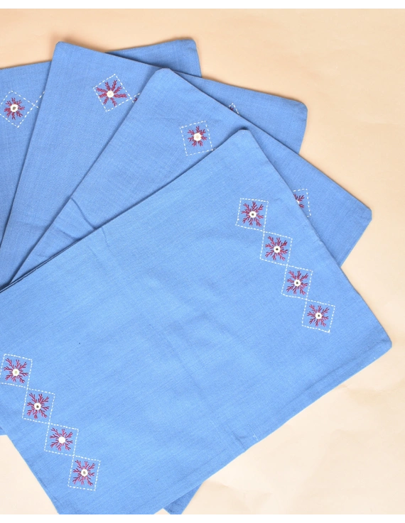 Blue cotton embroidered table Mats : HTM07A-Four-1