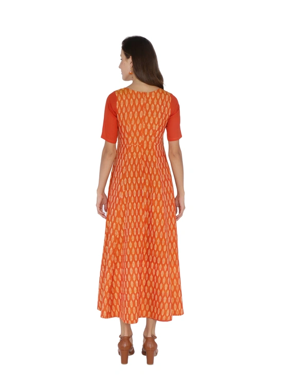 Orange Fitted ikat silk gown with high low hem: LD300C-S-1