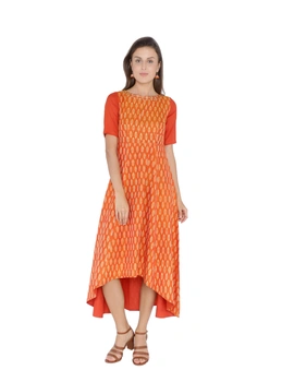 Orange Fitted ikat silk gown with high low hem: LD300C-S-2-sm