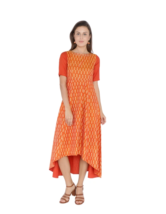 Orange Fitted ikat silk gown with high low hem: LD300C-S-2