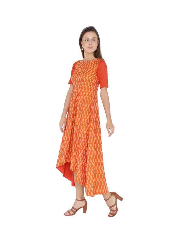 Orange Fitted ikat silk gown with high low hem: LD300C-S-3