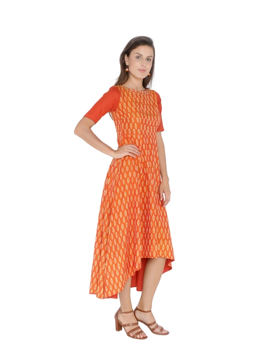 Orange Fitted ikat silk gown with high low hem: LD300C-S-3