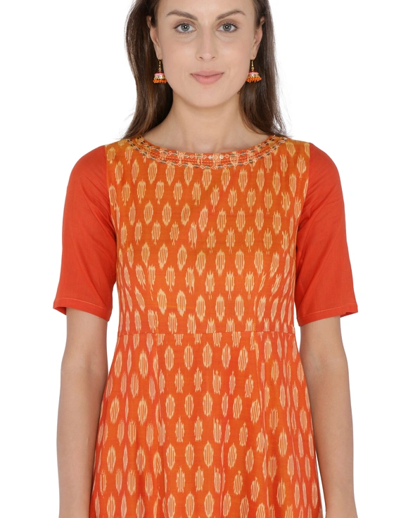 Orange Fitted ikat silk gown with high low hem: LD300C-S-5