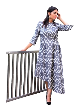 ASSYMETRIC GREY-OFFWHITE IKAT DRESS : LD450A-M-5-sm