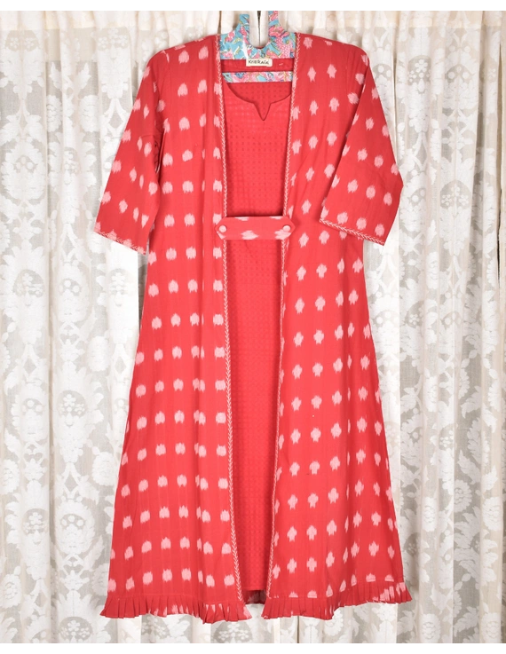 Red ikat jacket dress with matching handloom inner dress: LD560B-LD560B-M
