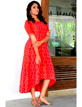 Red Fitted ikat silk gown with high low hem: LD300D-S-LD300D-S-sm