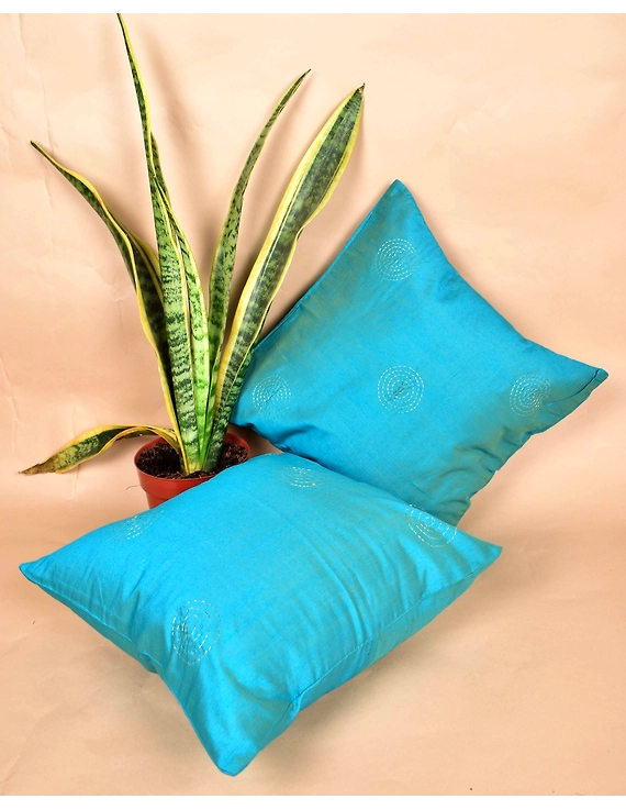 Sky blue Silk Cushion Cover With Round Embroidery : HCC40A-HCC40A