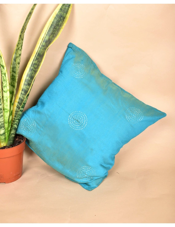Sky blue Silk Cushion Cover With Round Embroidery : HCC40A-2