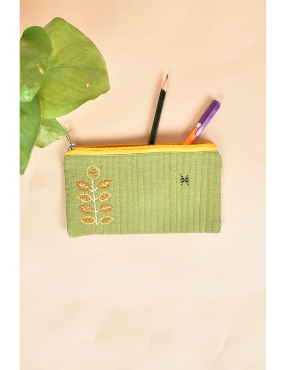 Lite Green Pencil pouch with hand embroidery - PPH02I-PPH02I
