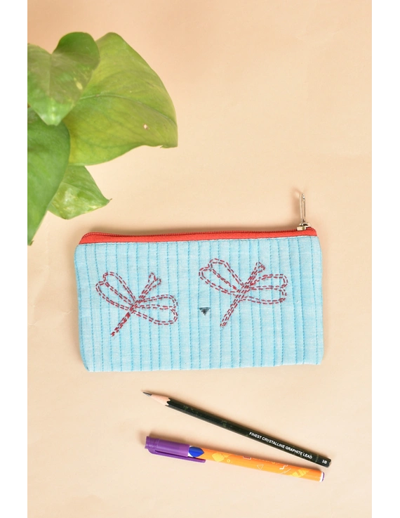 Lite Blue Pencil pouch with hand embroidery - PPH02J-PPH02J
