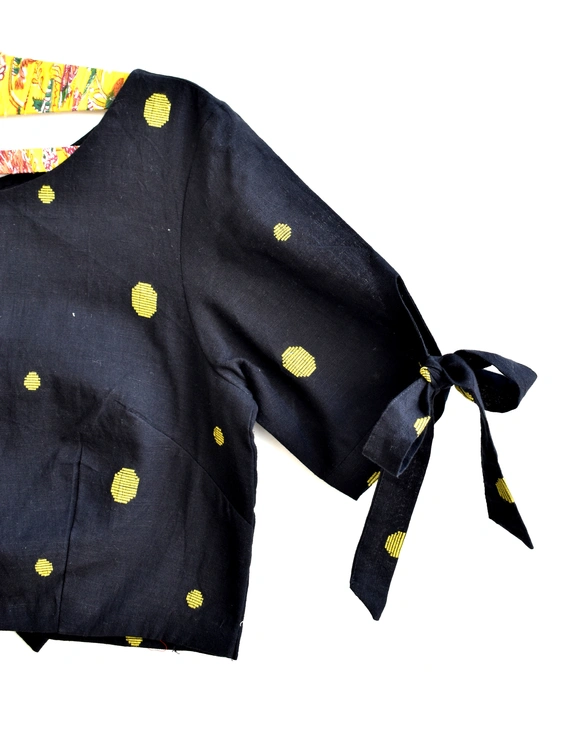 Black handloom blouse with ties on sleeves and back : RB14B-M-3