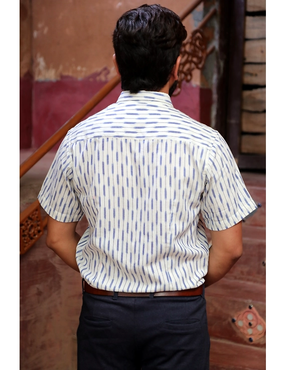 White and Blue Casual Mens Shirt in Ikkat Cotton: GT420H-M-1