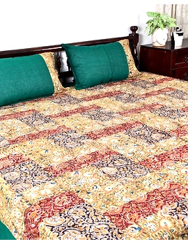 Kalamkari patchwork reversible double bedcover in orange and green: HBC01A-HBC01A-K-sm