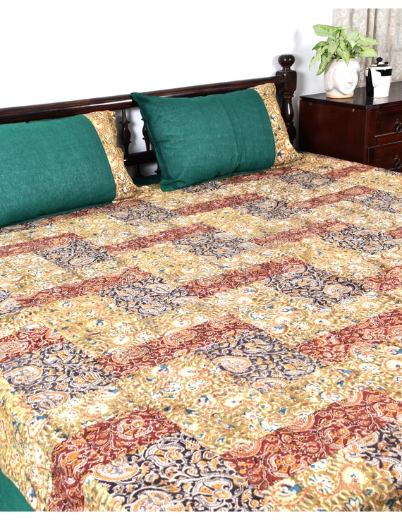 Kalamkari patchwork reversible double bedcover in orange and green: HBC01A-HBC01A-K