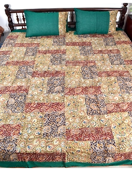 Kalamkari patchwork reversible double bedcover in orange and green: HBC01A-90 x 96-1-sm