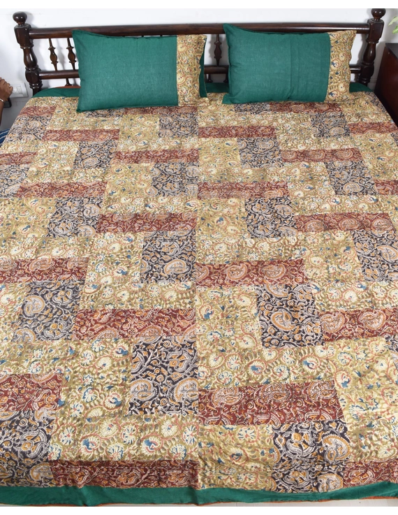 Kalamkari patchwork reversible double bedcover in orange and green: HBC01A-90 x 96-2
