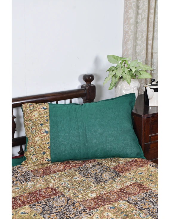 Kalamkari patchwork reversible double bedcover in orange and green: HBC01A-90 x 96-3