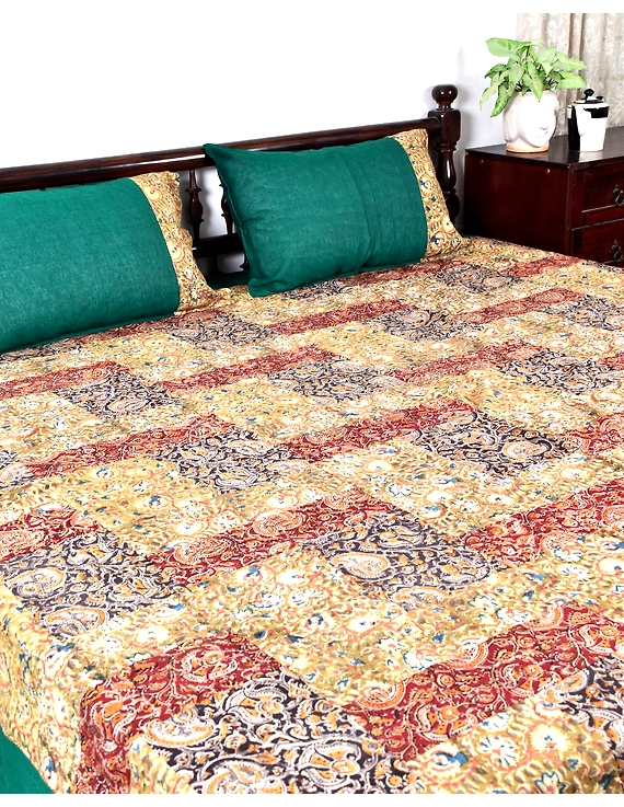 Kalamkari patchwork reversible double bedcover in orange and green: HBC01A-HBC01A-X