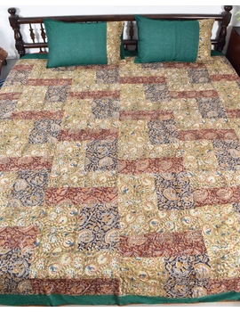 Kalamkari patchwork reversible double bedcover in orange and green: HBC01A-100 x 108-2-sm