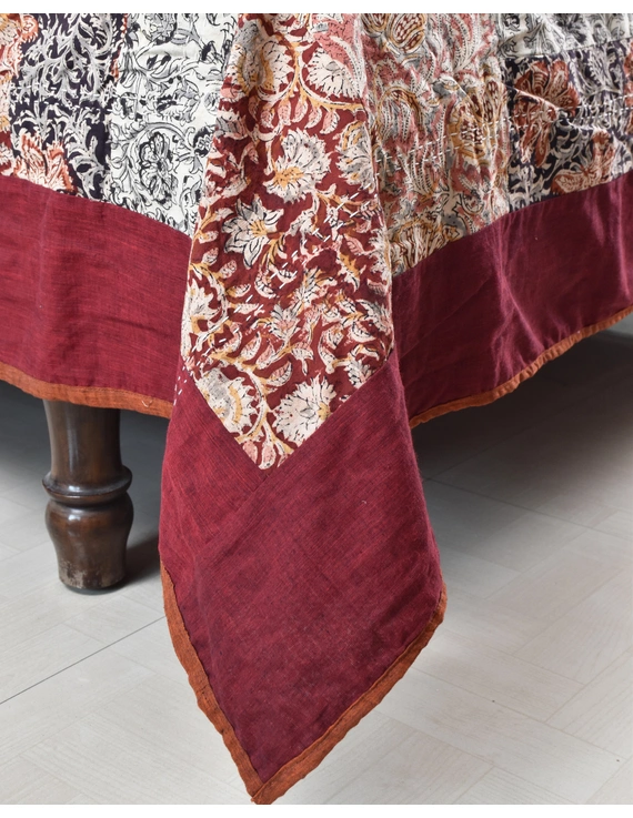 Kalamkari patchwork reversible double bedcover in maroon and black: HBC01B-90 x 96-1