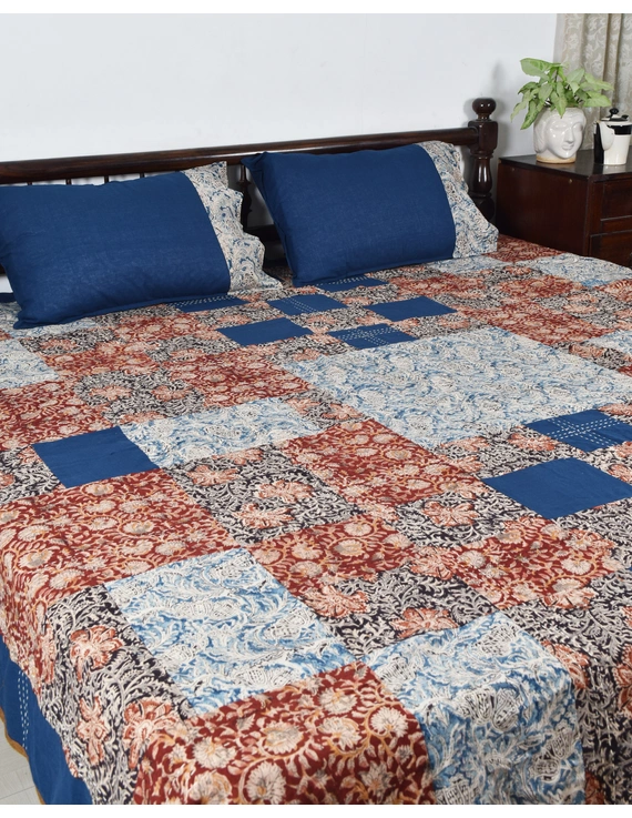 Kalamkari patchwork reversible double bedcover in blue and rust: HBC02A-HBC02A-K