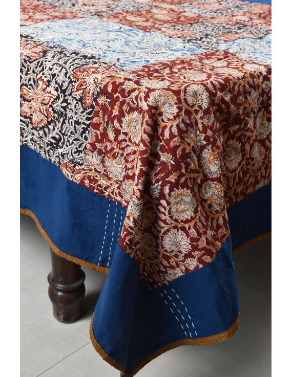 Kalamkari patchwork reversible double bedcover in blue and rust: HBC02A-90 x 96-1