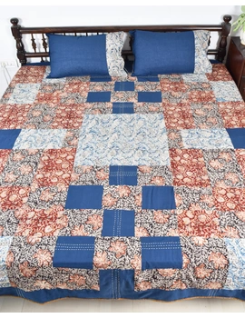 Kalamkari patchwork reversible double bedcover in blue and rust: HBC02A-90 x 96-2-sm