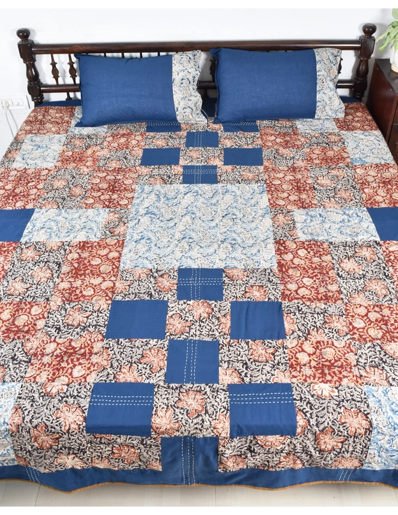 Kalamkari patchwork reversible double bedcover in blue and rust: HBC02A-90 x 96-2
