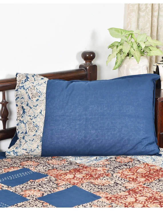 Kalamkari patchwork reversible double bedcover in blue and rust: HBC02A-90 x 96-5