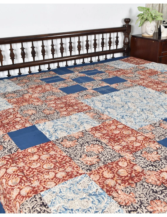 Kalamkari patchwork reversible double bedcover in blue and rust: HBC02A-100&quot; x 108&quot;-3