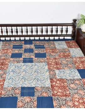 Kalamkari patchwork reversible double bedcover in blue and rust: HBC02A-100 x 108-4-sm